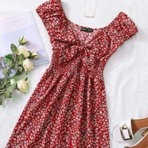 Ditsy Floral Print Tie Front Shirred Waist Dress